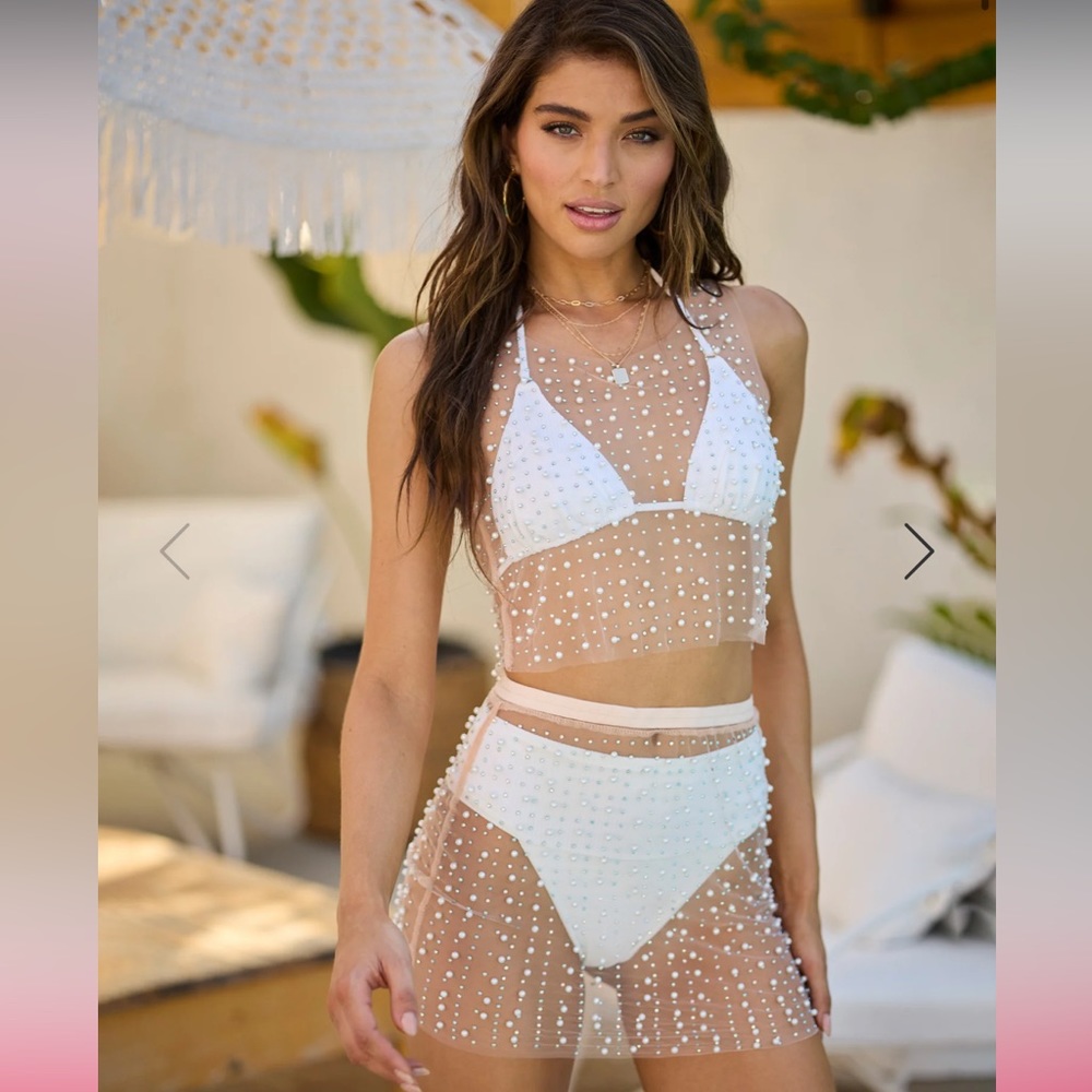 NWT Beach Bunny Glitzy Girl Pearl Mesh Top & Skirt Set